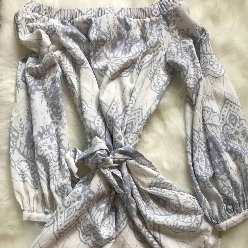White and purplish/grey print dress